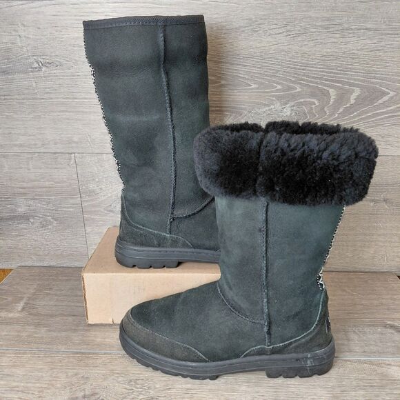 UGG Boots Ultra Tall Tasman Braid Womens 7 Black Sheepskin Wool Shearling 5245 - Picture 2 of 16